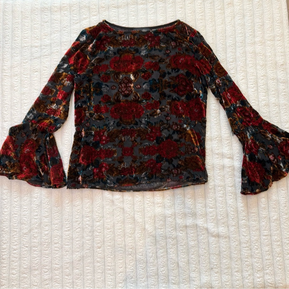 Karen Kane Multicolor Floral Bell Sleeve Velvet Sheer Blouse